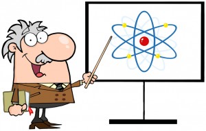 Happy Professor Discussing An Atom Diagram